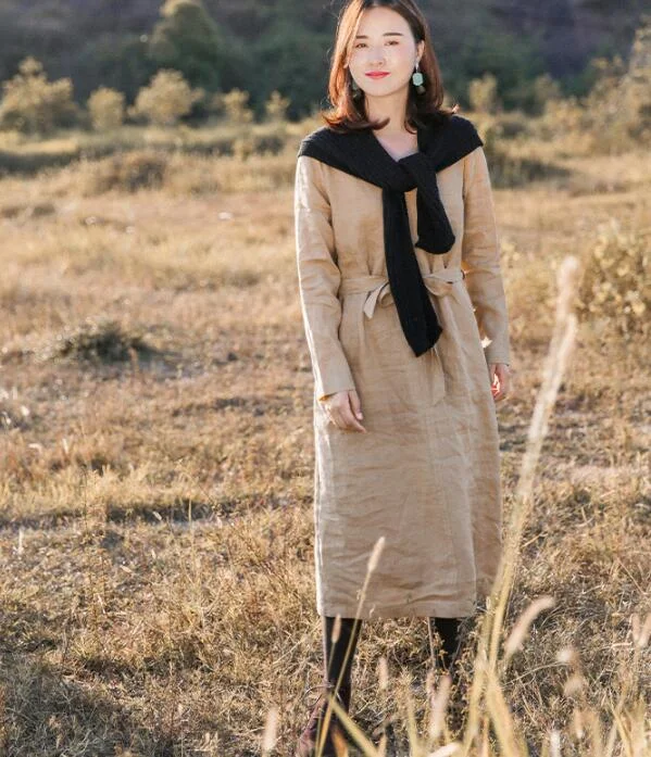 Discount Extravaganza backless dressKhaki Linen Women Dress V Neck Long Sleeve Women Linen Dresses S90921