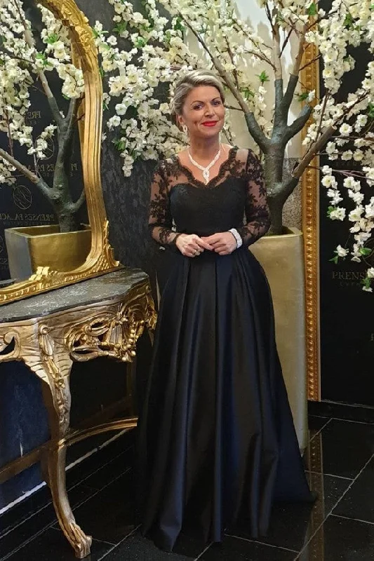 Loyalty Reward Elegant Long Sleevess Black V-neck Satin Lace Evening Dresses