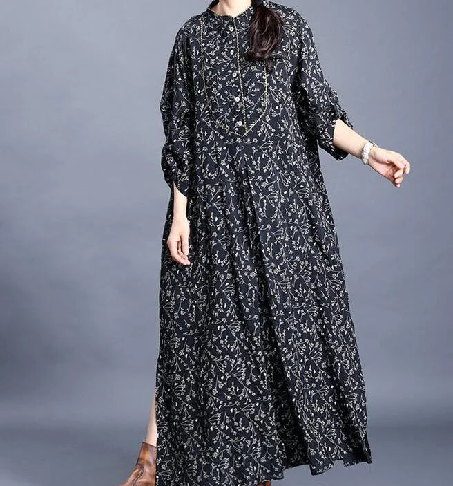 Bonus Savings A-line dressSlit Large Hem Floral Linen Cotton Women Maxi Dresses  LVSG200122