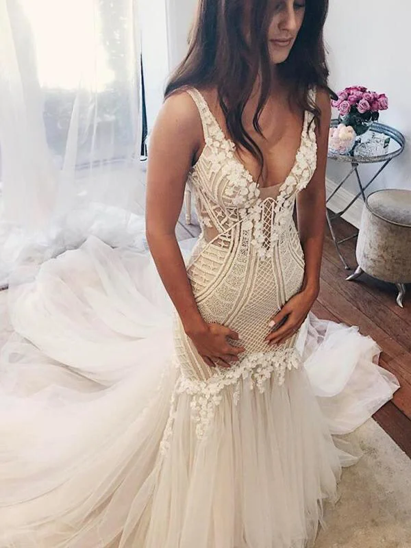 Great Deals Open Back Wedding Dresses with Straps Mermaid Long Train Floral Appliques Lace Bridal Gown JKW369