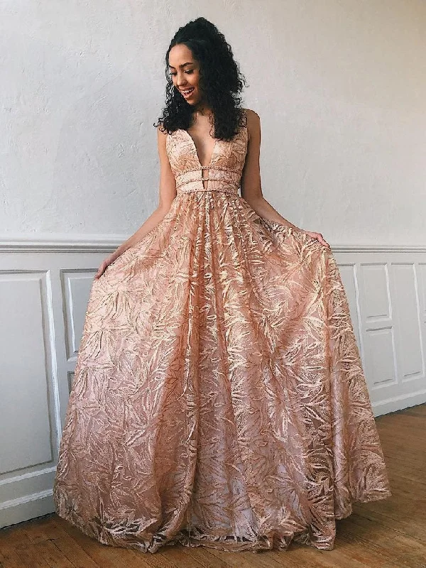Instant Discount Luxury Lace Sexy Deep V-neck A-Line Long Prom Dress JKZ8614