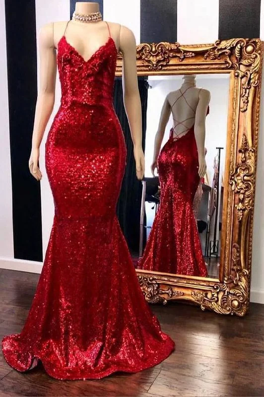 Overstock V-neck Sleeveless Spaghetti Sequins Mermaid Long Prom Dresses