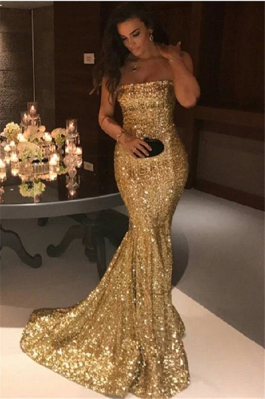 Savings Event Sparkle Gold Sequins Mermaid Evening Gowns Chic Strapless Prom Dresses